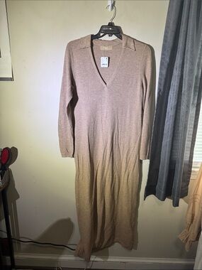 Free People Neutral Taupe Collared V-Neck Long Sleeve Maxi Dress